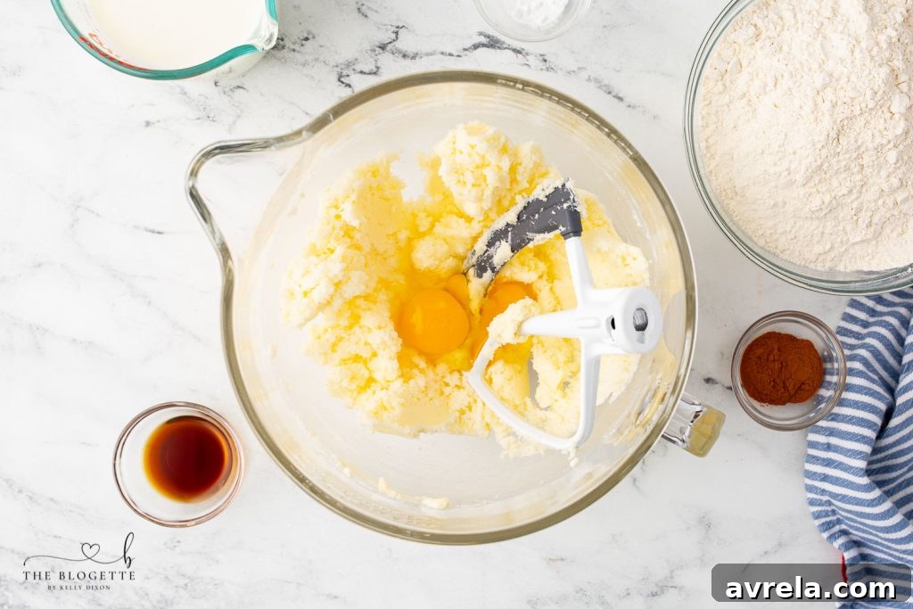 Key ingredients laid out for Amish Bread: butter, sugar, eggs, vanilla, buttermilk, flour, baking soda, cinnamon