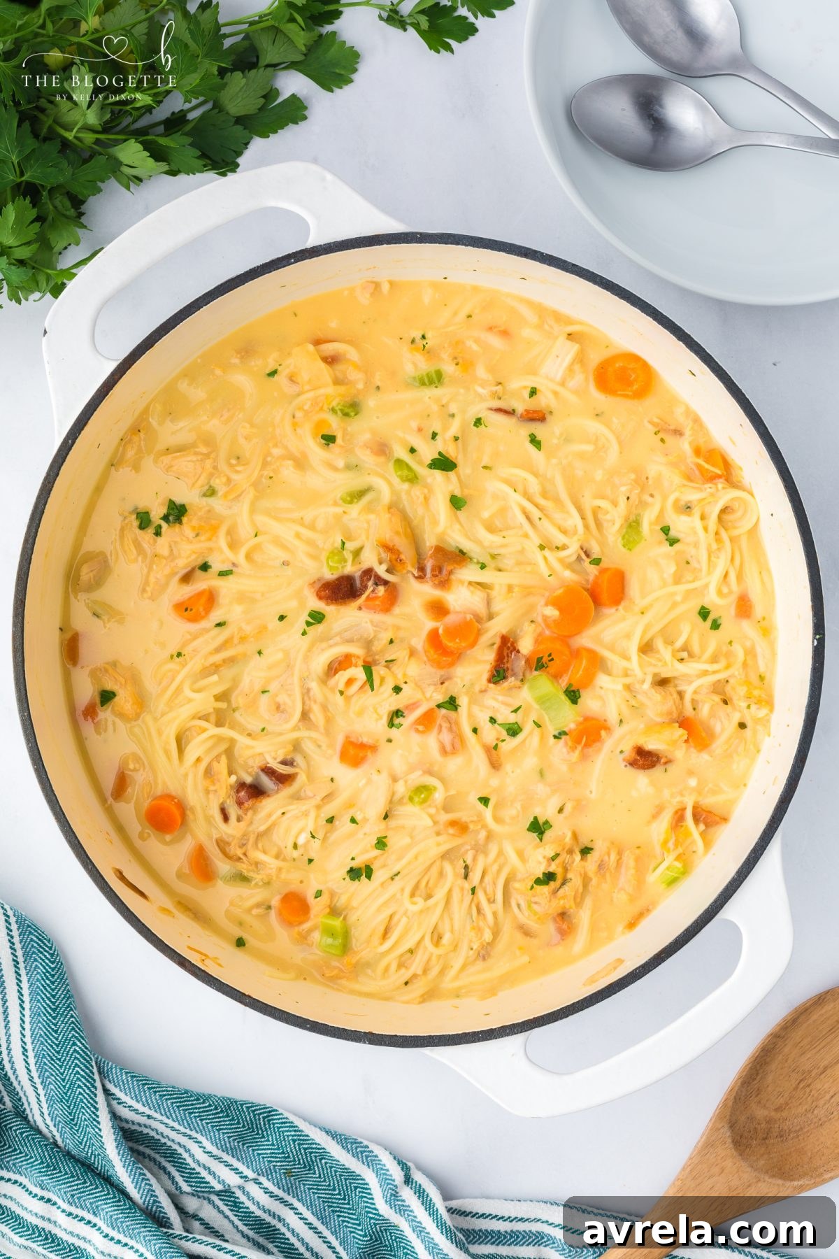 Simmer uncovered, rich and creamy Crack Chicken Soup in a large pot