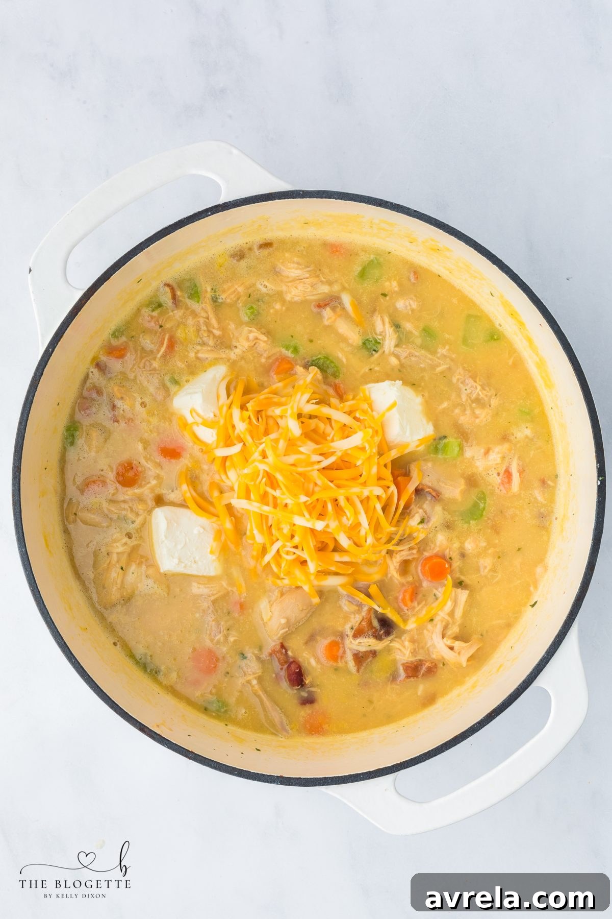 Cooked ingredients in the pot, ready for cheese