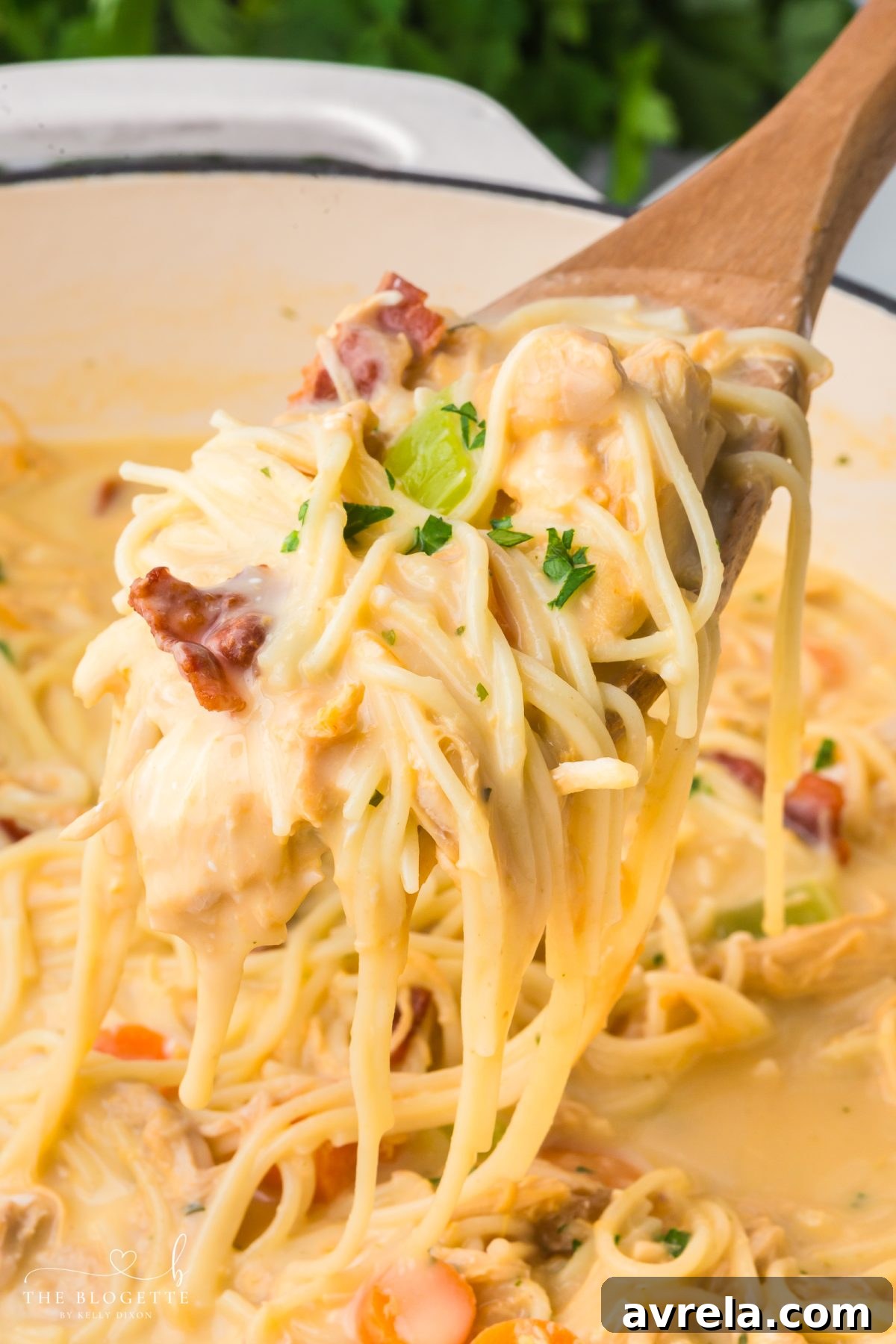 Close-up of Crack Chicken Soup, rich and creamy with visible chicken and bacon