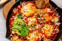 Tomato and Egg Skillet with Dippy Yolk for Breakfast