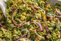 Grilled Elote Pasta Salad with Jalapeño Green Sauce and Bacon