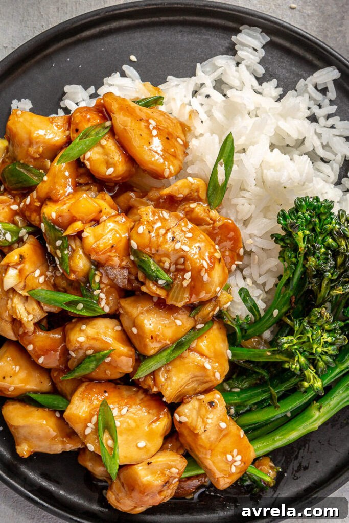 healthy dinner recipe for honey sesame chicken with rice and broccoli