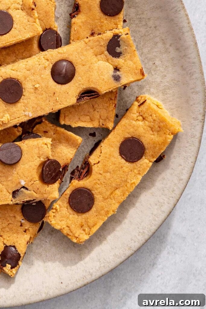 Peanut butter protein bars on plate, overhead partial frame