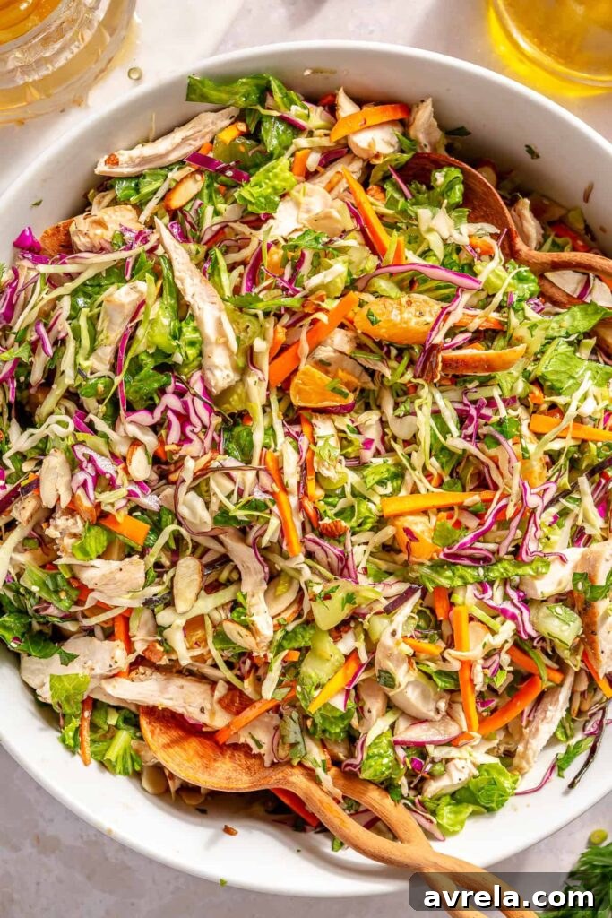 Asian chicken salad with sesame ginger dressing, cabbage, carrots, and shredded chicken