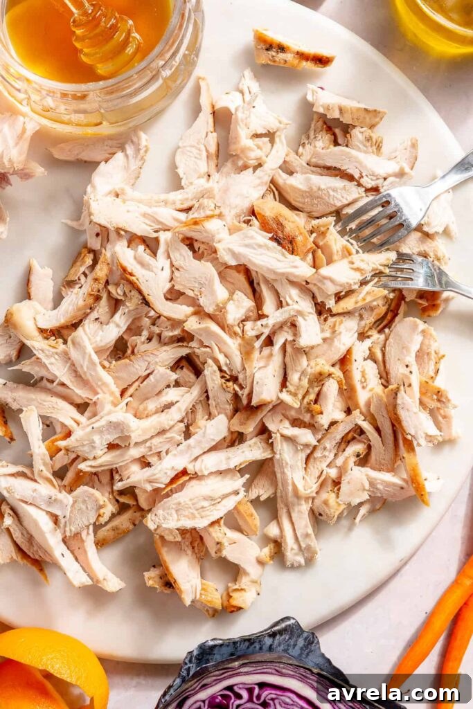 shredded chicken prepared for Asian chicken salad