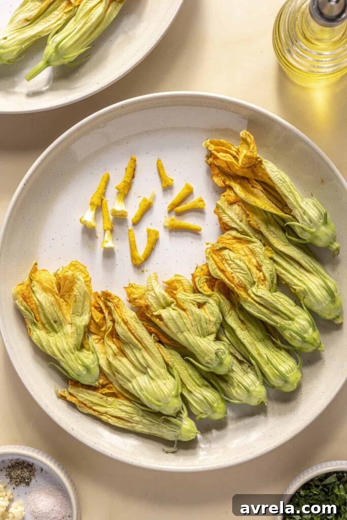 Preparing zucchini blossoms