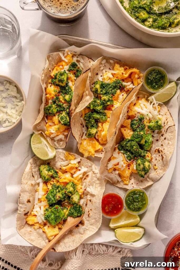 Avocado Chimichurri Breakfast Tacos with Lime Crema 13 Finished tacos plated