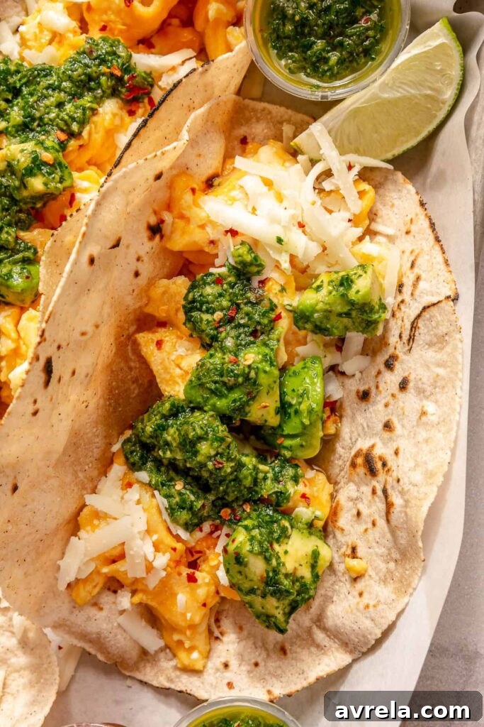 Avocado Chimichurri Breakfast Tacos with Lime Crema 14 Tacos from the side