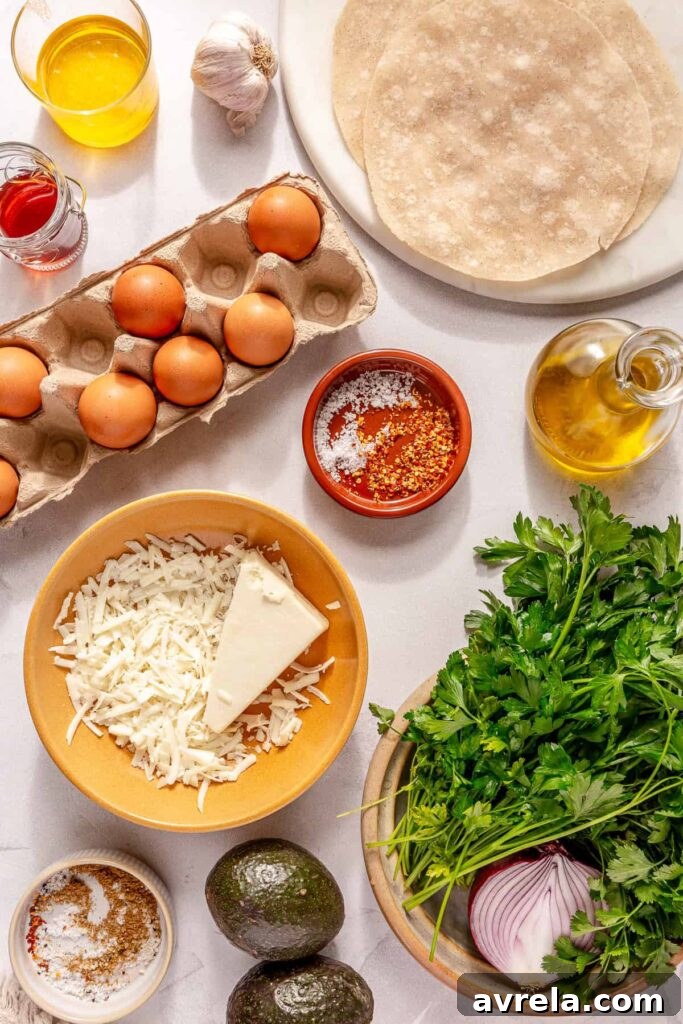 Avocado Chimichurri Breakfast Tacos with Lime Crema 7 Taco ingredients laid out