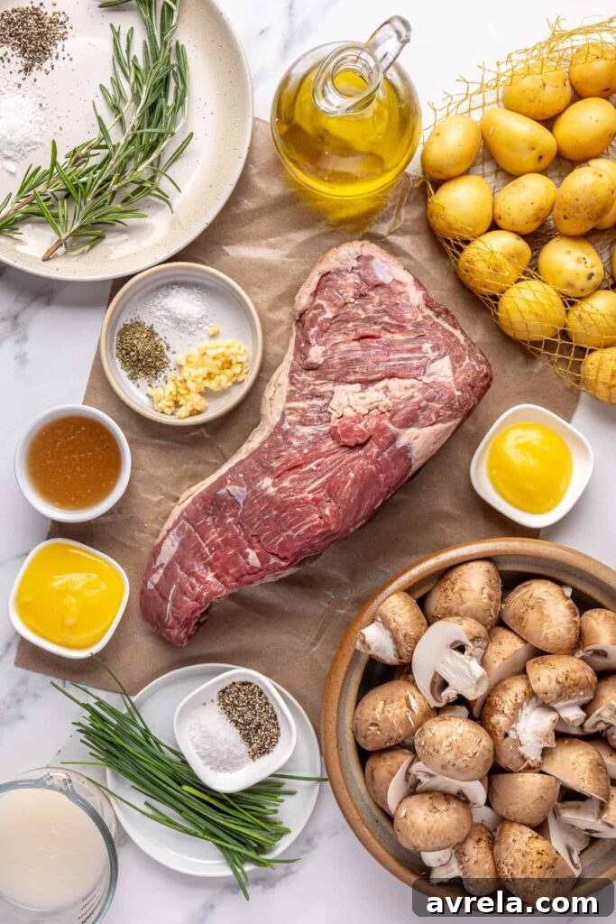 Prepped ingredients for making tri-tip steak with creamy mashed potatoes and sautéed garlic mushrooms, ready to cook