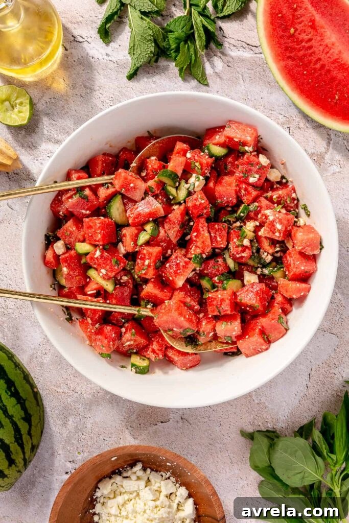 Easy watermelon salad with crunchy cucumber and feta cheese