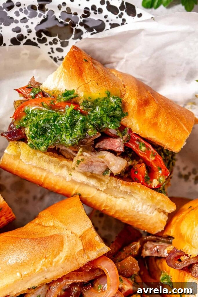 Toasty baguette steak sandwich with chimichurri
