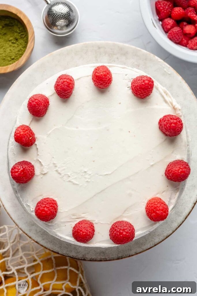 Gluten-Free Vanilla Cake with Matcha and Lemon Zest 15 Gorgeous vanilla cake with matcha, lemon, raspberry, and mint.