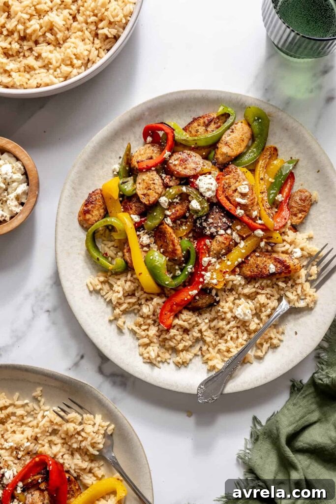 15-Minute Chicken Saausage & Peppers Skillet with Bone Broth Rice 10 15-minute chicken sausage and peppers skillet with bone broth rice