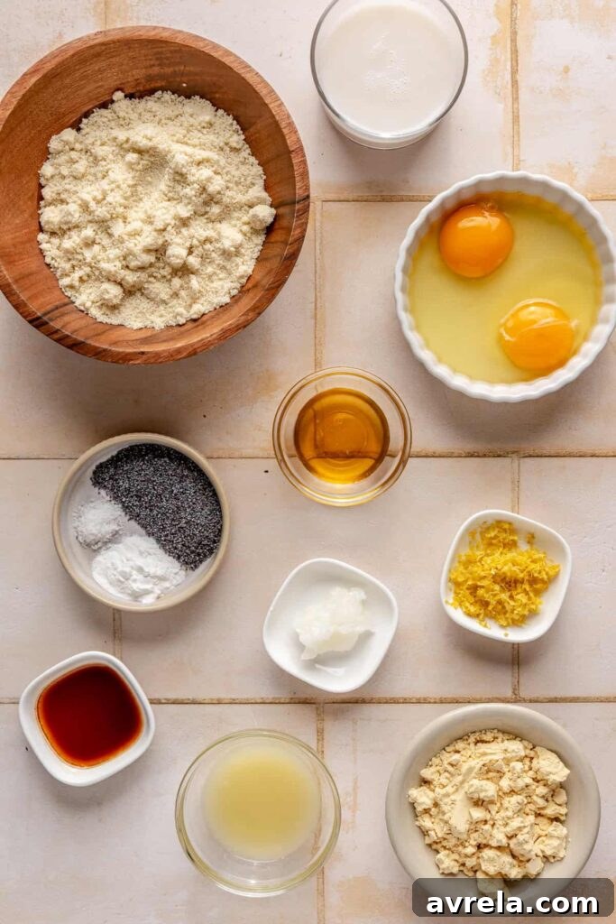 ingredients for gluten-free lemon poppyseed pancakes with protein powder