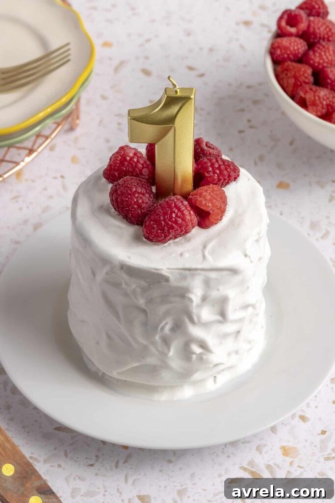 First birthday cake smash cake styled with fresh fruit and soft frosting