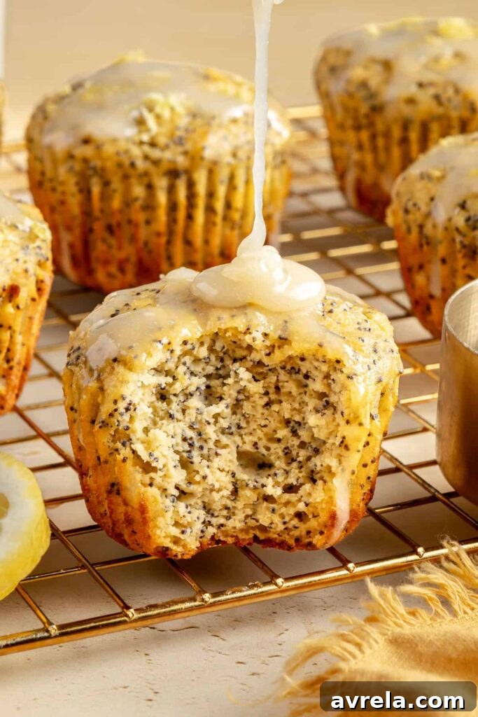 School Lunch Recipes Kids Will Actually Eat — Dietitian Mom Tips 3 Healthy, protein-packed lemon poppy seed muffins on a baking rack with a drizzle of dairy-free lemon glaze.