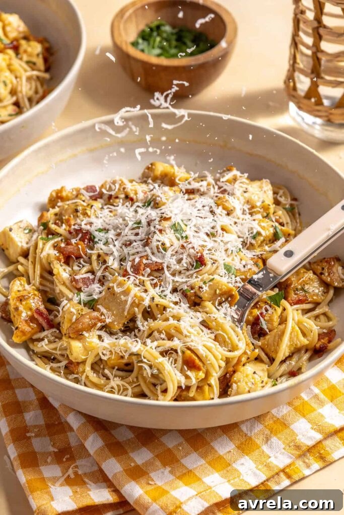 High-protein chicken carbonara pasta dinner