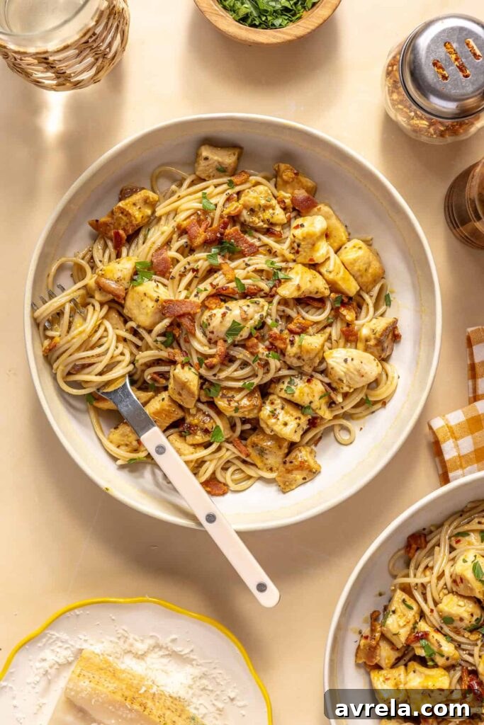 Creamy chicken carbonara with fresh lemon zest and Parmesan