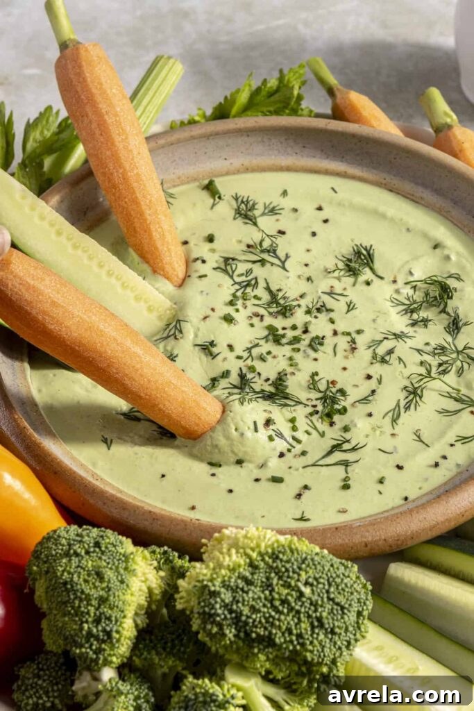 close up of high-protein cottage cheese ranch dip with veggies