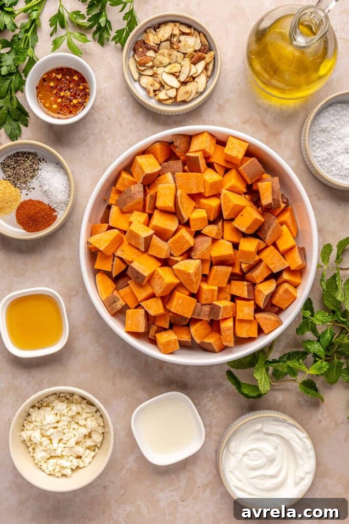 Maple-Roasted Sweet Potatoes with Whipped Feta and Hot Honey 8 Overhead shot of ingredients for roasted sweet potatoes with whipped feta and hot honey