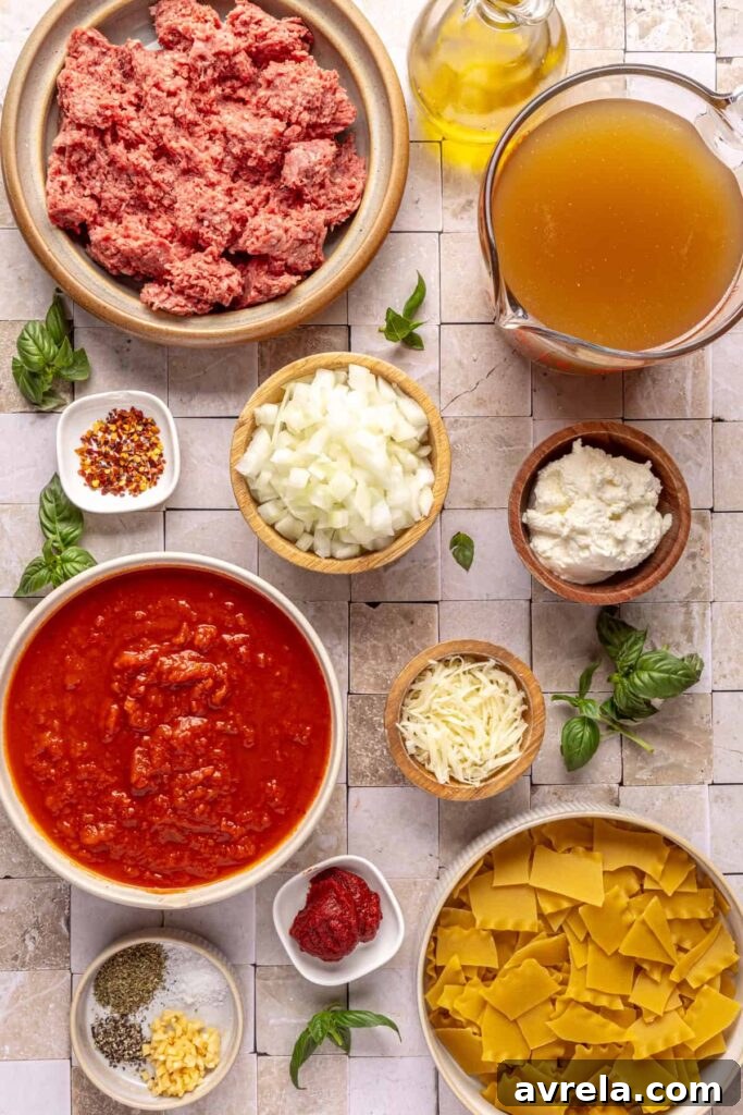 High-Protein Lasagna Soup Recipe — Easy, Hearty & Protein-Packed 7 Ingredients for lasagna soup including ground beef, marinara, lasagna noodles, broth, ricotta, and herbs