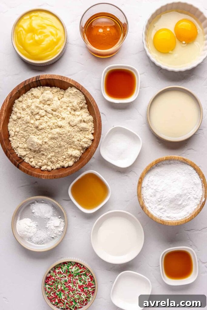ingredients for Healthy Christmas sugar cookies made with almond flour and topped with festive frosting and sprinkles