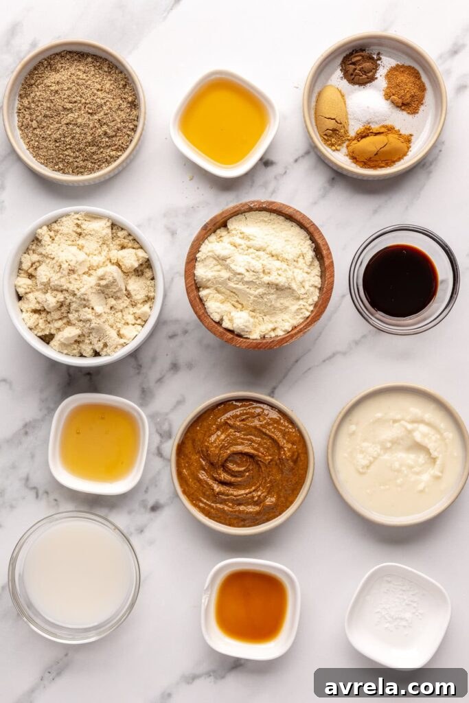 Flat lay of dry and wet ingredients for gingerbread protein balls recipe