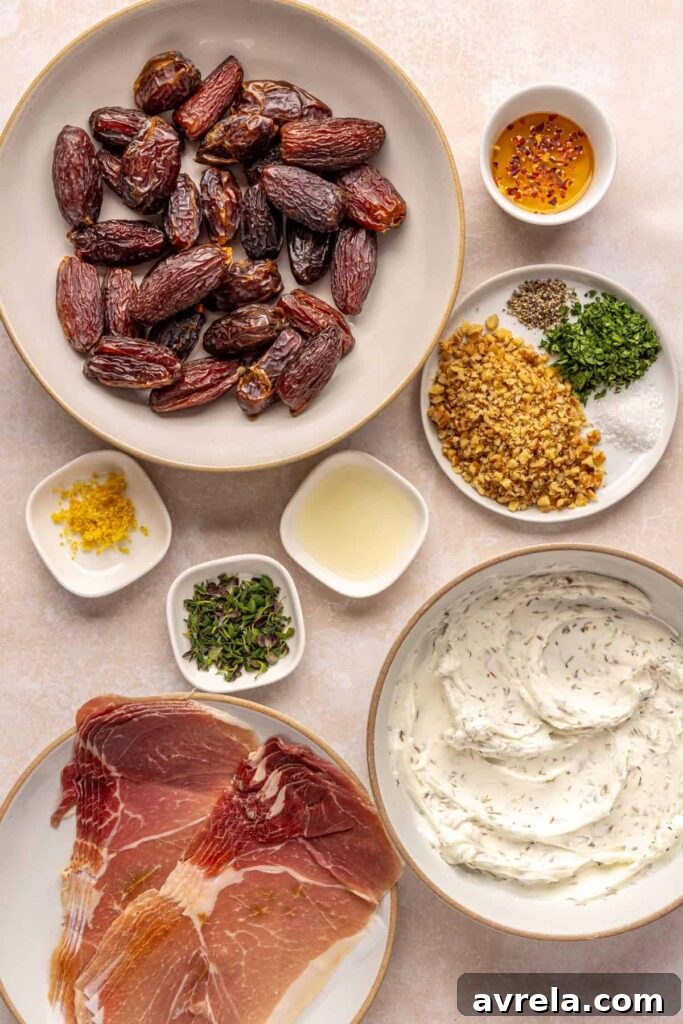 Ingredients for prosciutto wrapped stuffed dates with goat cheese and hot honey, laid out on a countertop