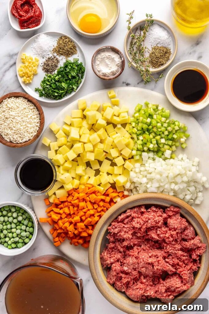 Overhead shot of ingredients for beef meatball soup including ground beef, vegetables, tomato paste, and spices