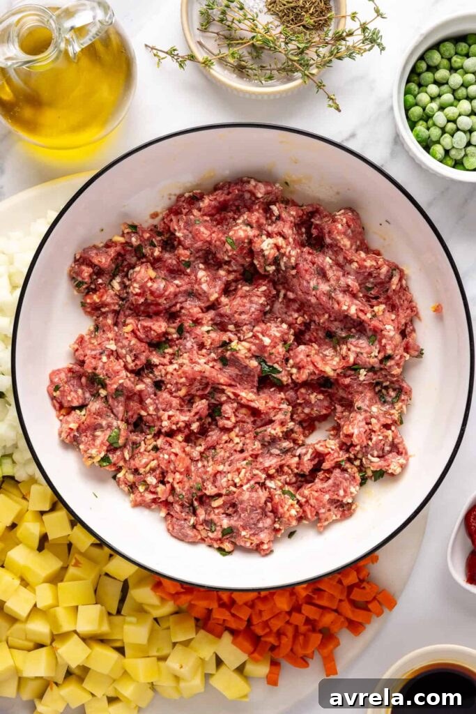Mixing ground beef, panko, egg, garlic, and herbs for beef meatballs in a bowl