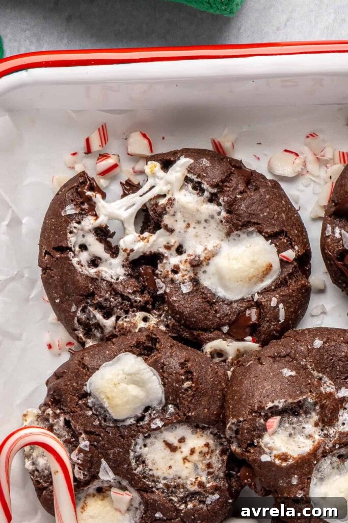 close-up of a fresh hot cocoa cookie torn in half with melty, gooey marshmallows, arranged with candy canes on a festive tray