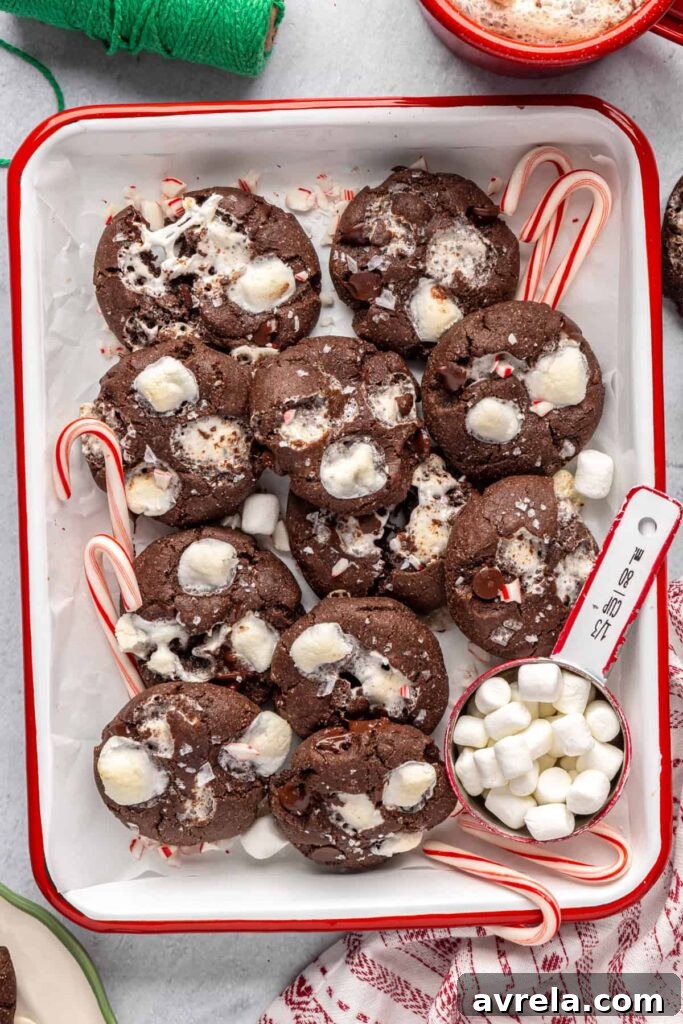 Holiday hot cocoa cookies arranged with candy canes on a festive tray
