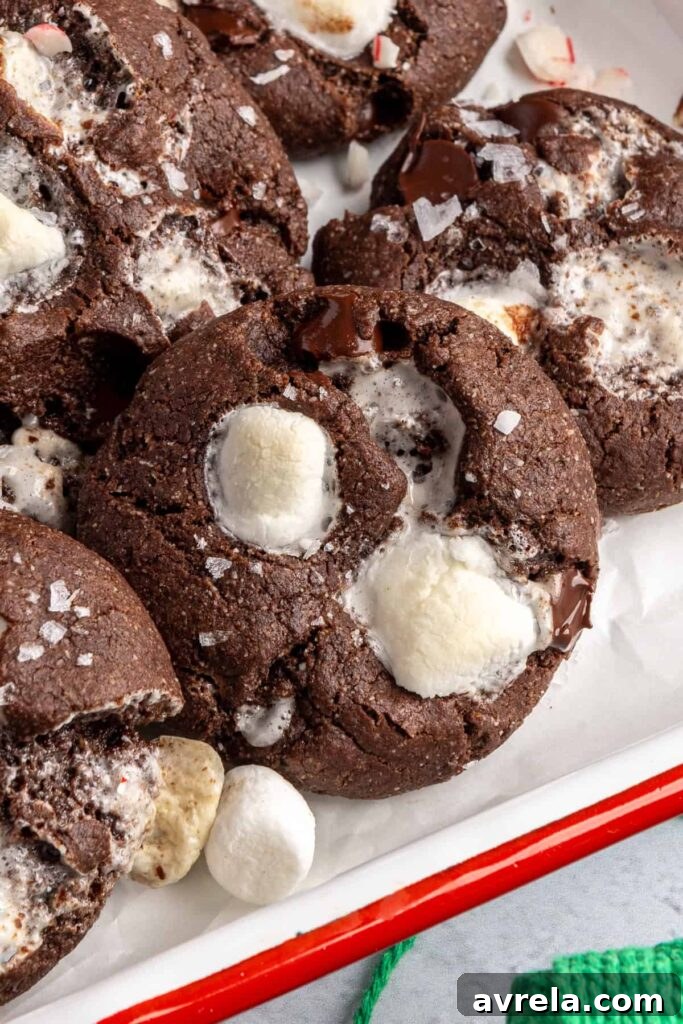 close-up of holiday hot cocoa cookies arranged with candy canes on a festive tray