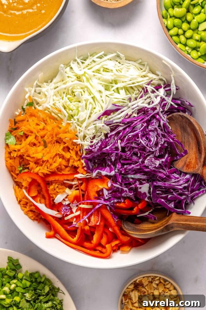 Thinly sliced cabbage, carrots, and bell pepper in mixing bowl for cabbage salad