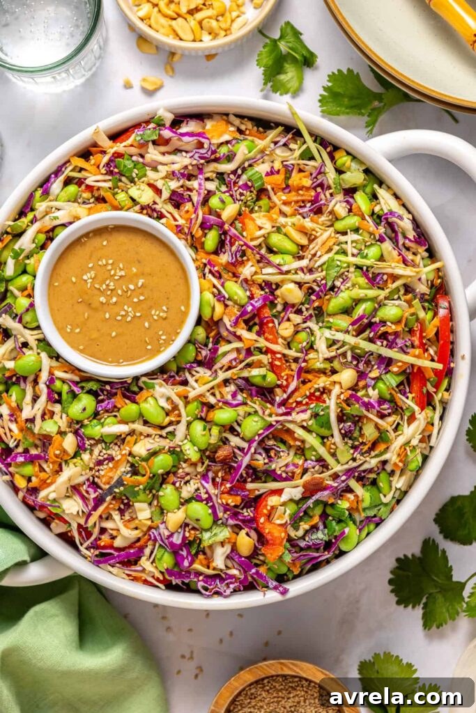 Healthy crunchy peanut cabbage salad with creamy peanut dressing on the side