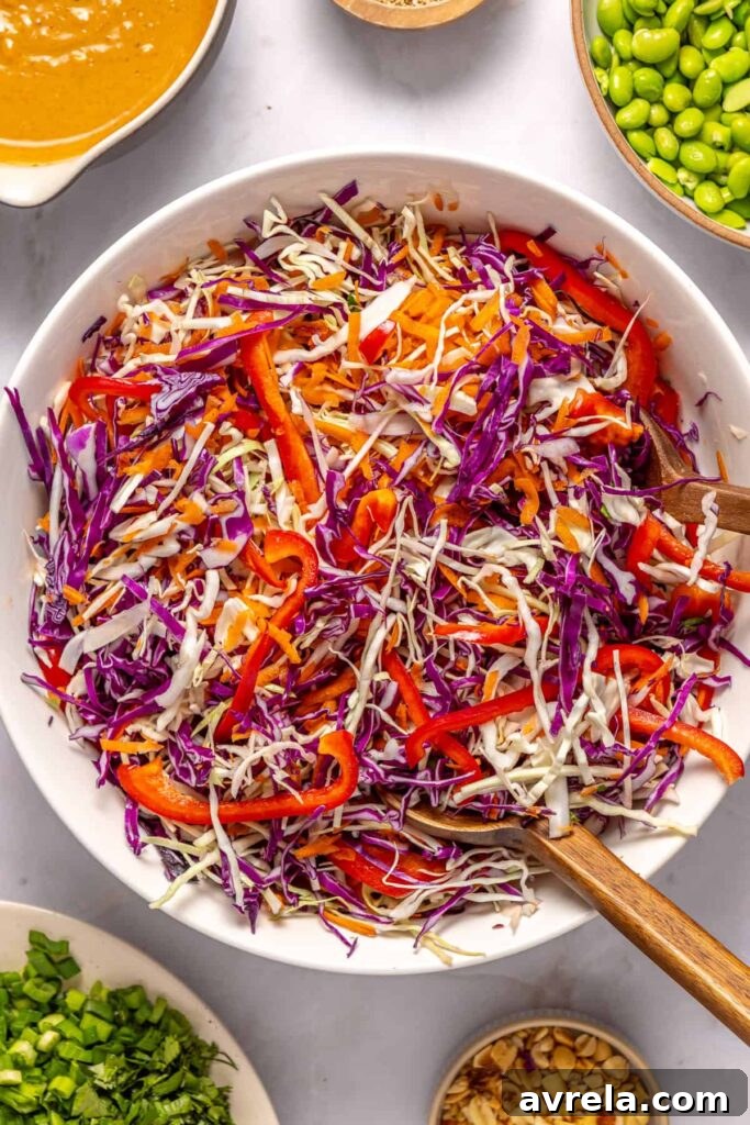 Fresh vegetables prepared for crunchy peanut cabbage salad