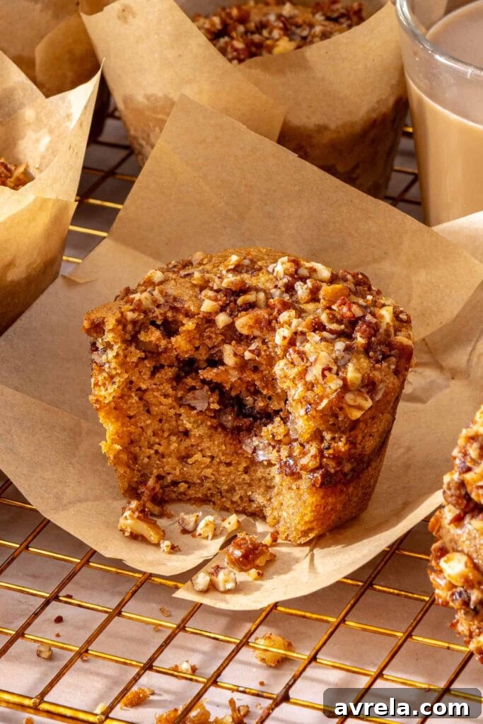 Close-up of moist coffee cake muffin with crunchy streusel topping