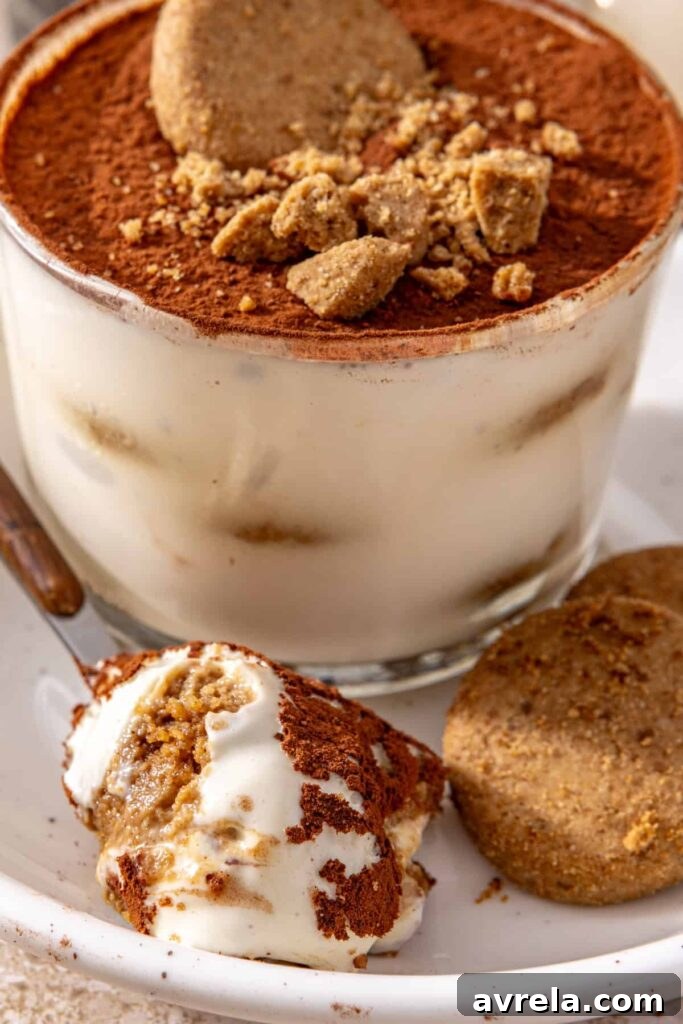 Close-up of creamy high-protein tiramisu cup