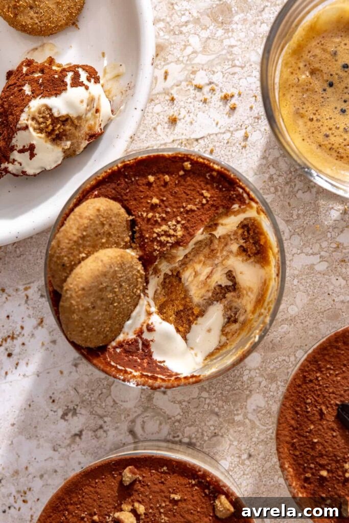 Overhead view of high-protein tiramisu cups ready to serve