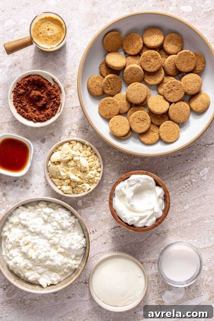 High-protein tiramisu cups ingredients including cottage cheese, Greek yogurt, protein powder, cookies, and espresso