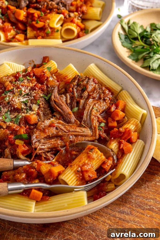 Detailed view of shredded beef short rib ragu on pasta