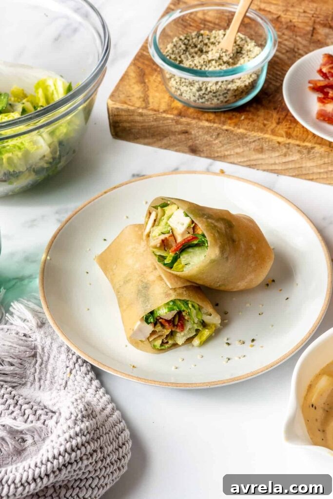 crispy caesar wrap with chicken and hemp seeds for high-protein lunch