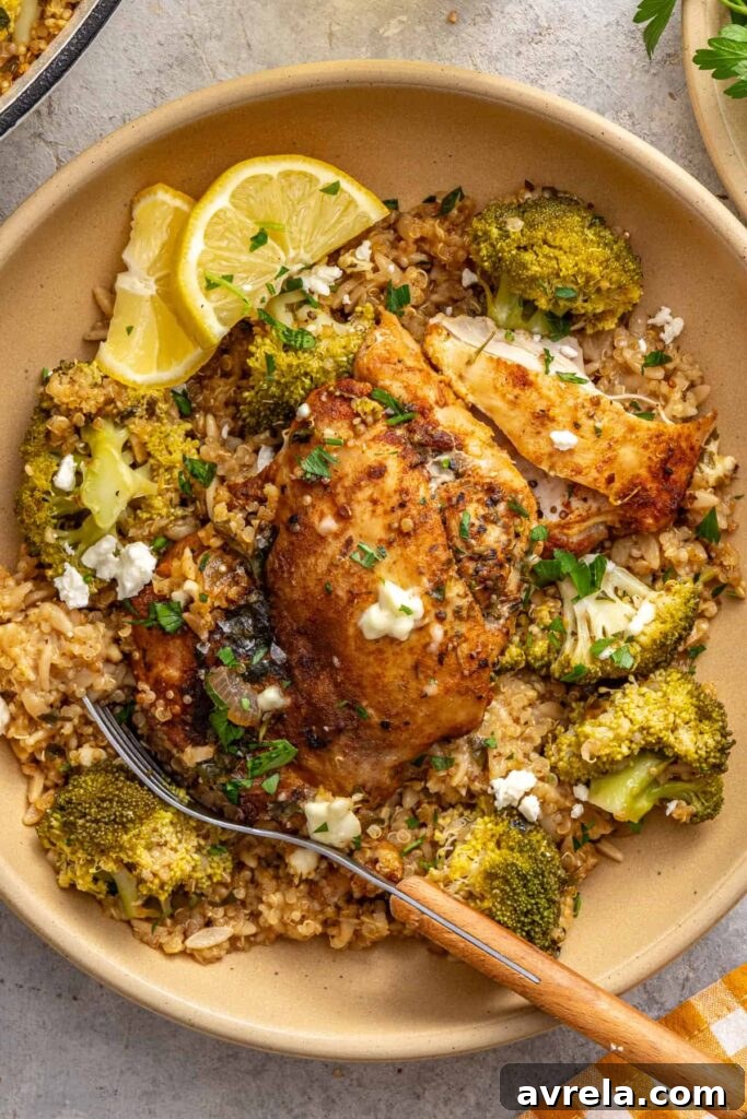 Overhead view of lemon herb chicken quinoa pilaf served in a bowl