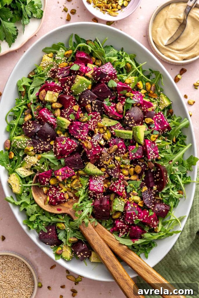 Roasted beet salad with pistachios, sesame seeds, and parsley