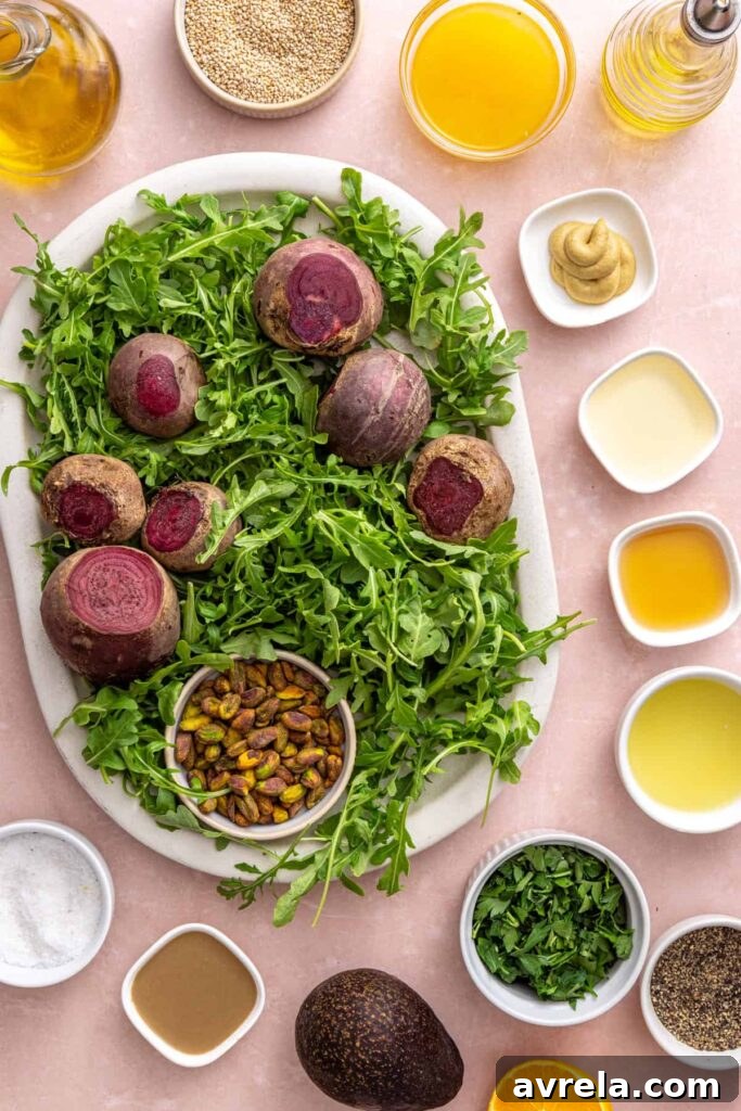 Ingredients for roasted beet salad with goat cheese arranged on a table