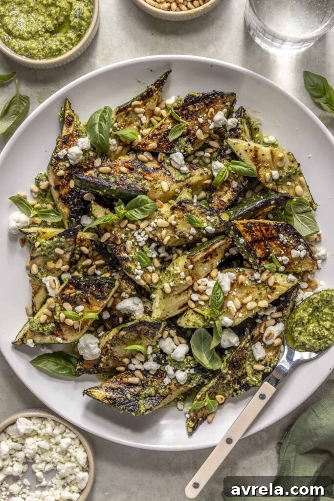 Grilled pesto zucchini with goat cheese and pine nuts