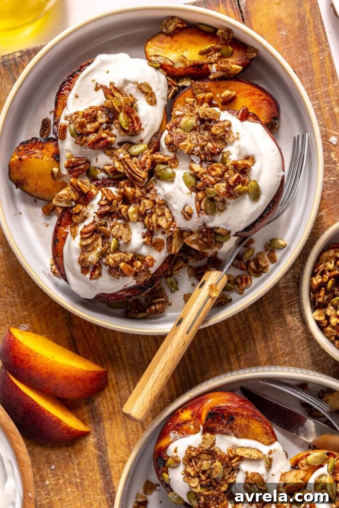 Grilled peaches and cream with pecan crumble