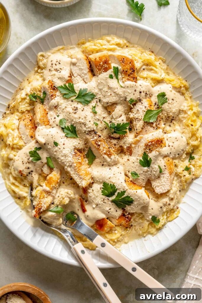 High-protein chicken alfredo served with spaghetti squash